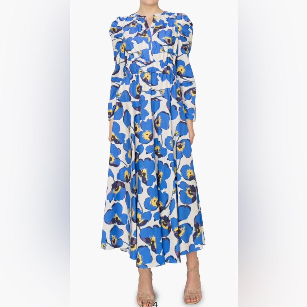 Melloday Blue Floral Print Belted Long Sleeve A-
Line Maxi Dress size XS